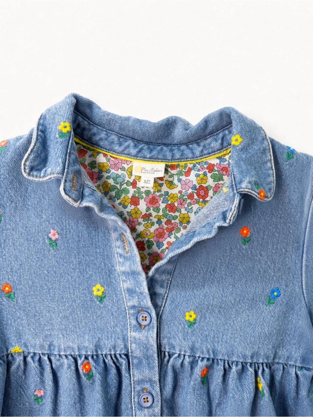 Mini Boden Blue Denim Dress with Multicolor Floral Embroidery